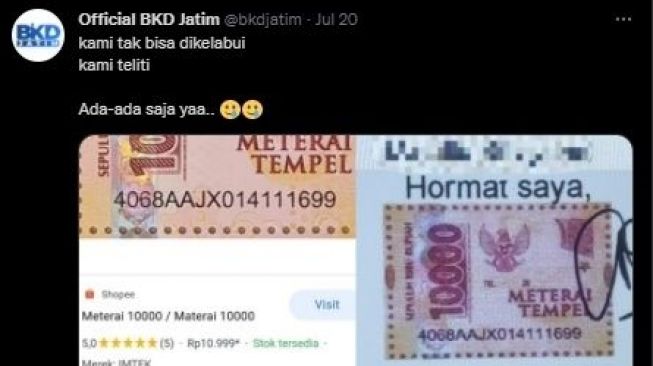 Tangkapan layar cuitan BKD Jatim soal pendaftar CPNS gunakan Materai hasil download. [Twitter]