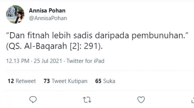 Cuitan Annisa Pohan salah kutip ayat. [Twitter/AnnisaPohan]