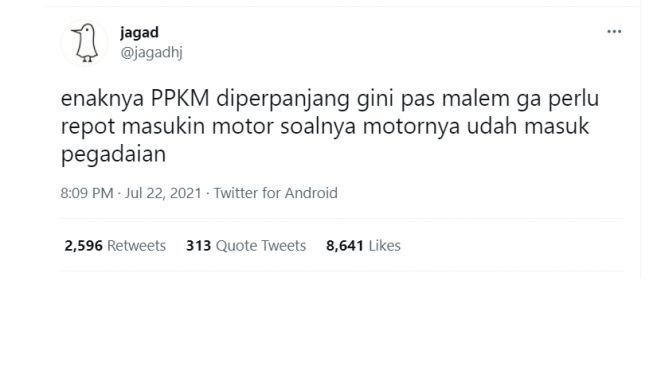 Curhat netizen usai mendengan PPKM diperpanjang, tak perlu masukin motor ke garasi lagi (Twitter)