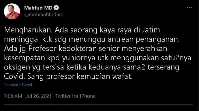 Kicauan Mahfud MD memantik sorotan Fadli Zon.(Twitter)