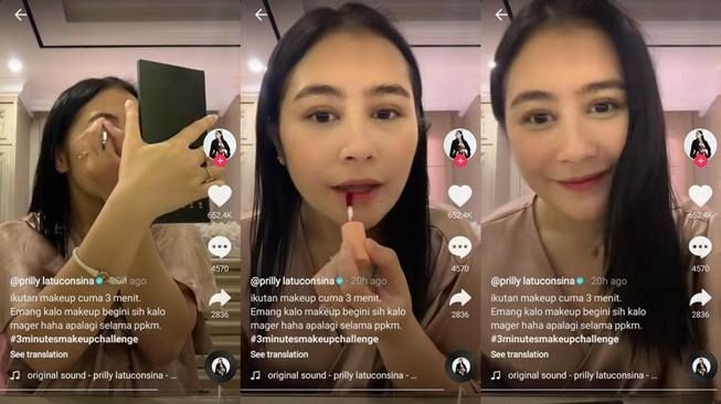 Hasil akhir Prilly Latuconsina ikut challenge makeup tiga menit. (TikTok/@prillylatuconsina15)