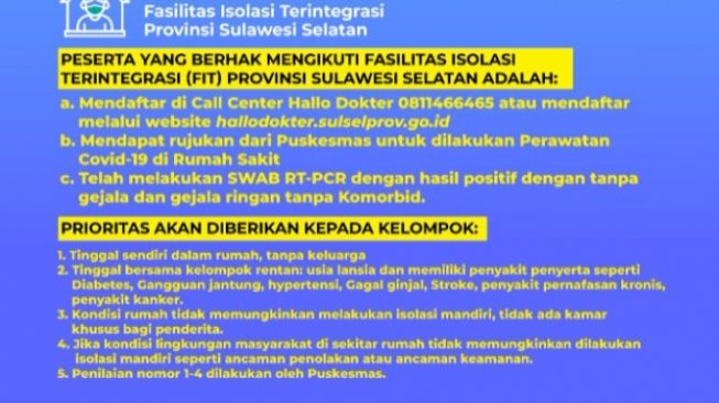 Syarat isolasi mandiri di Asrama Haji Makassar