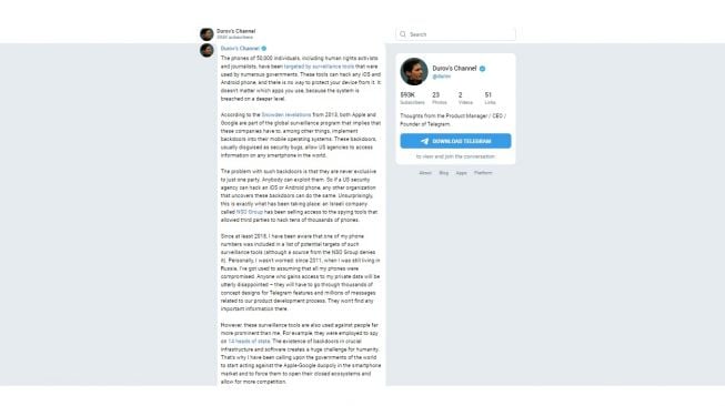 Postingan Pavel Durov. [Telegram]