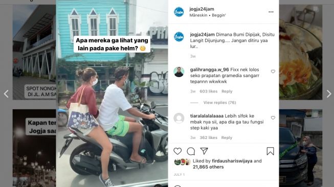 Viral video turis atau pasangan WNA mengendarai kendaraan roda dua tak mengenakan pelindung kepala atau helm. [Instagram/@jogja24jam]