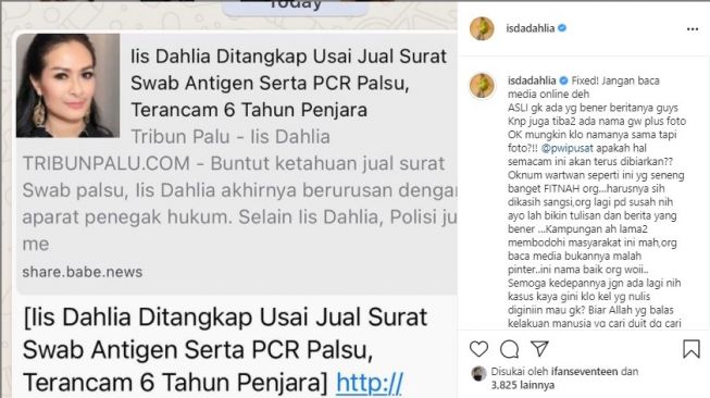 Nama Iis Dahlia dicatut dalam berita penipuan (Instagram)