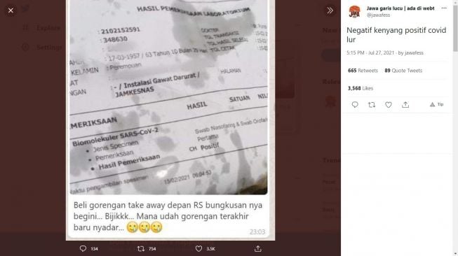 Viral, Pembeli Gorengan Baru Sadar Hasil Tes Positif Covid-19 Dijadikan Bungkus