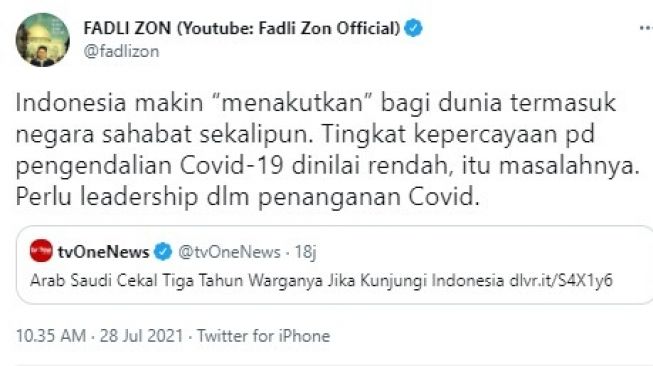 Fadli Zon sebut Indonesia makin menakutkan bagi dunia (Twitter/fadlizon)