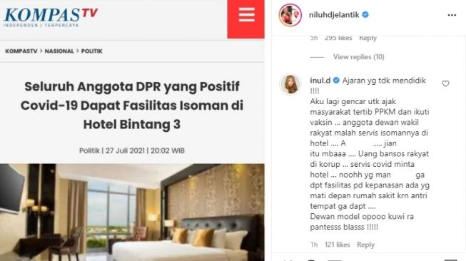 Inul Daratista tanggapi anggota DPR difasilitasi hotel buat isoman. (Instagram/@niluhdjelantik)