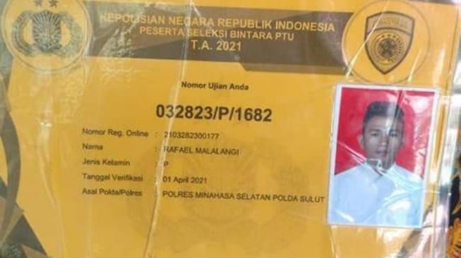 Identitas kartu Rafael Malalangi saat mengikuti calon Bintara Polri 2021. [Akun Facebook Christofel Tumalun]