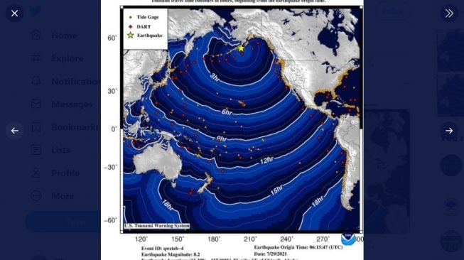 Peringatan tsunami di Alaska, Rabu Malam (28/7/2021). [Twitter/@NWS_NTWC]