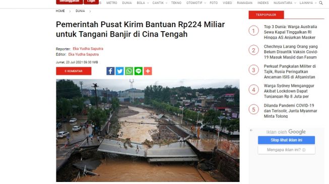 Fakta soal pemerintah Indonesia kirim bantuan untuk tangani bencana banjir di China. (Turnbackhoax.id)