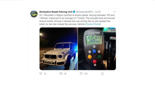 Perempuan pengendara Mercedes-AMG G63 tertangkap ngebut, alasannya kocak. [Twitter]