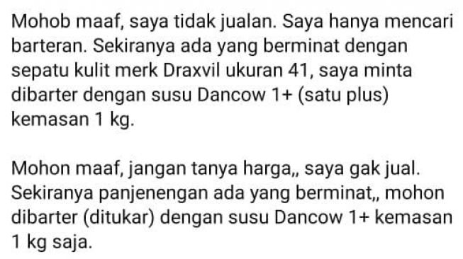 Tak Punya Uang, Ayah Tawarkan Tukar Sepatu dengan Sekotak Susu Anak di Facebook