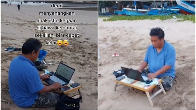 Viral di media sosial pria sedang bekerja di pantai (TikTok)