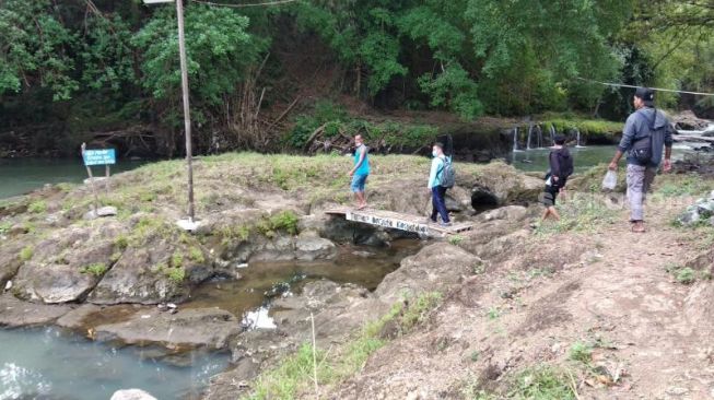 Pengunjung menikmati suasana Wisata Teratai Biru Kali Opak, Klenggotan, Kalurahan Srimulyo, Kapanewon Piyungan, Kabupaten Bantul, Minggu (1/8/2021). - (SuaraJogja.id/Muhammad Ilham Baktora)