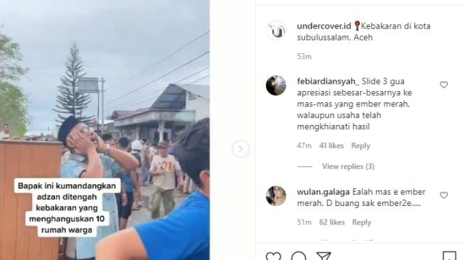 Seorang bapak-bapak mengumandangkan azan saat rumah warga kebakaran. (Instagram/undercover.id)