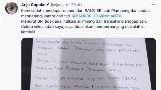 Unggahan Anja Ayu Miranti dengan akun @njanjani yang merasa kehilangan uang yang disimpan di BRI. [Twitter]