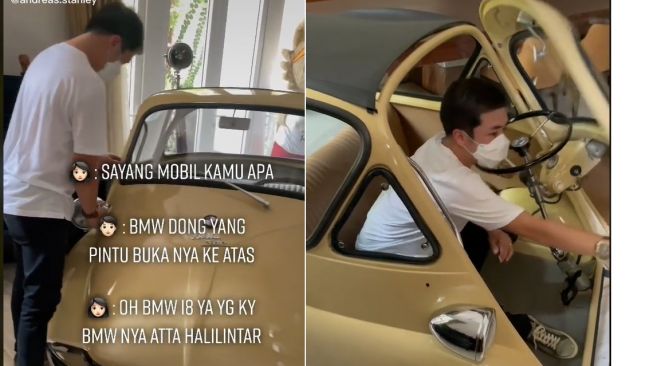 Andreas Stanley dengan mobil antik BMW Isetta 300 (TikTok)