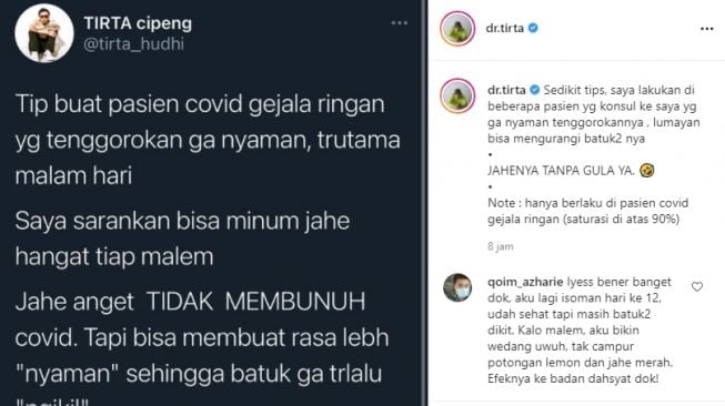 Saran dr Tirta untuk pasien Covid-19 yang tenggorokan tak nyaman. (Instagram/dr Tirta)