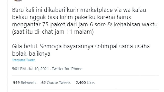 Wanita curhat dapat pesan dari kurir paket. (Twitter)