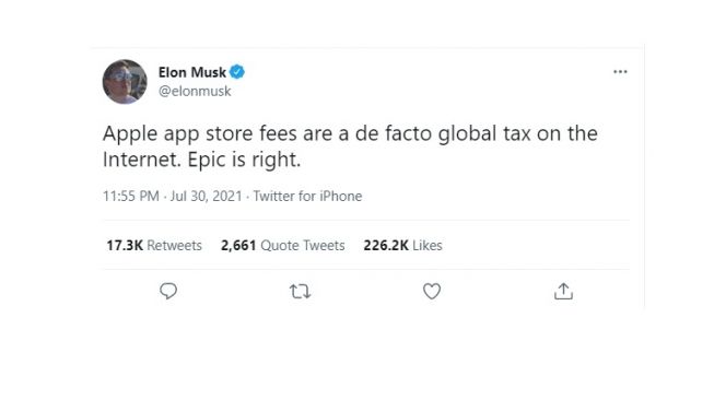 Cuitan Elon Musk soal dukungan Epic Games. [Twitter]