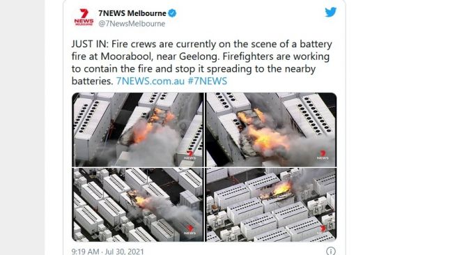 Kebakaran di kawasan mega battery Tesla, Victoria, Australia [Twitter: 7News Melbourne].