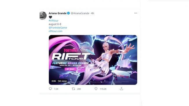 Ariana Grande hadir di Fortnite. [Twitter]
