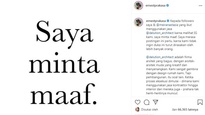 Unggahan Ernest Prakasa [Instagram/@ernestprakasa]