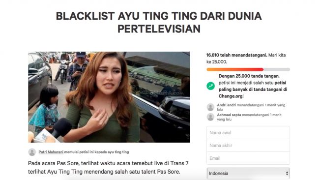 Petisi blacklist Ayu Ting Ting dari dunia pertelevisian semakin menggema. [change.org]