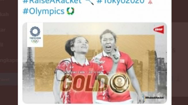 Kesalahan unggahan BWF terkait peraih medali emas ganda putri badminton olimpiade Tokyo 2020. [BWF]