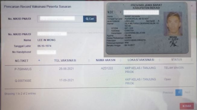 Warga Bekasi tak bisa vaksin karena NIK dipakai warga negara asing secara diam-diam. Warga bekasi itu adalah Wasit Ridwan, lelaki 47 tahun. (ist)