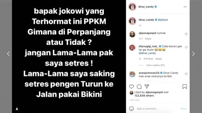 PPKM diperpanjang, Dinar Candy Protes ke Presiden Jokowi. [Instagram]