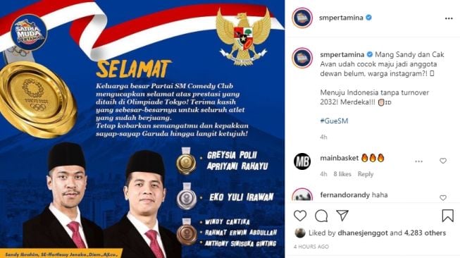 Ucapan selamat Satria Muda untuk Greysia Polii/Apriyani Rahayu dan atlet Indonesia yang meraih medali di Olimpiade Tokyo 2020. [Dok. Instagram @smpertamina].