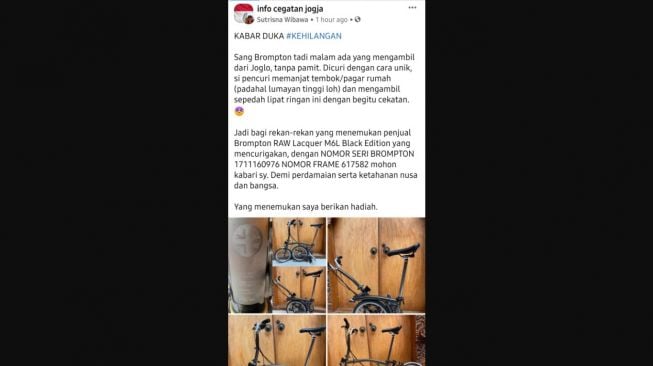 Sepeda merek Brompton milik Mantan Rektor UNY periode 2017-2021 Sutrisna Wibawa yang dicuri orang. - (Facebook)