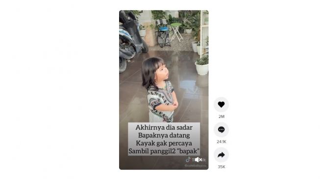 Ekspresi lucu bocah saat bertemu ayahnya. [TikTok]