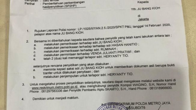 Laporan kasus anak Akidi Tio, Heriyanti di Polda Metro Jaya. (istimewa)