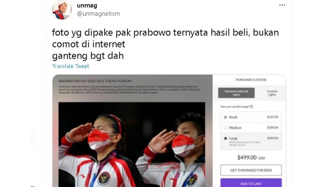 Prabowo beli foto Greysia/Apriyani untuk ucapan selamat di IG (twitter)