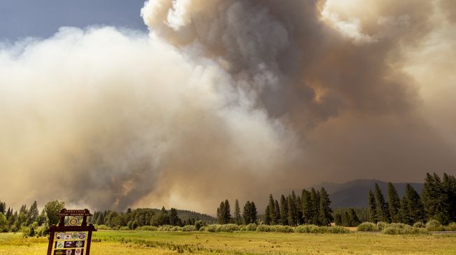 Tanda selamat datang di Greenville berdiri di depan kepulan asap dari kebakaran hutan di Dixie, Greenville, California, pada (3/8/2021). [JOSH EDELSON / AFP]