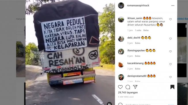 Sindir Pemerintah Soal Pandemi, Tulisan di Belakang Truk ini Jadi Sorotan (Instagram)