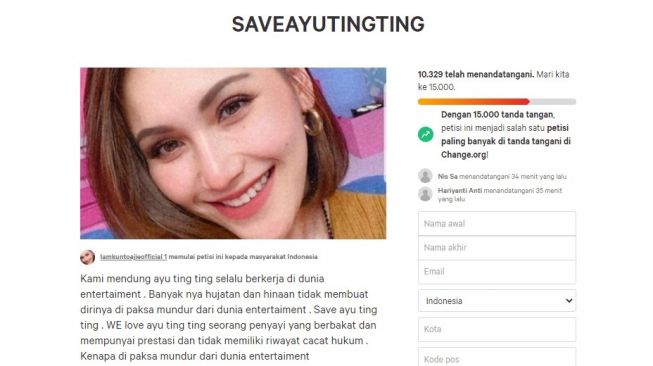 Fakta petisi Save Ayu Ting Ting. (change.org)