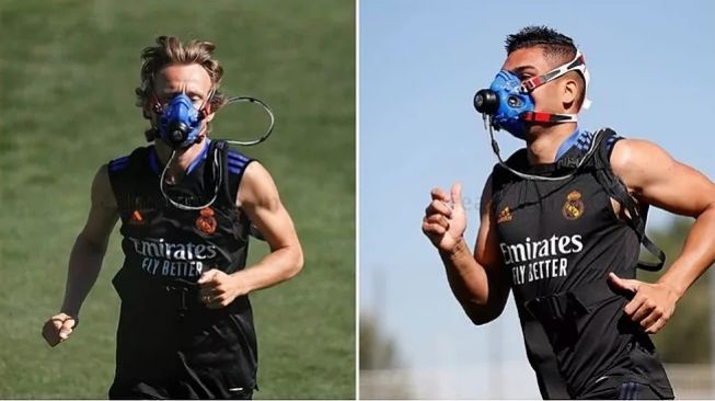 Pemain Real Madrid berlatih menggunakan masker hipoksia. [Foto: Marca]