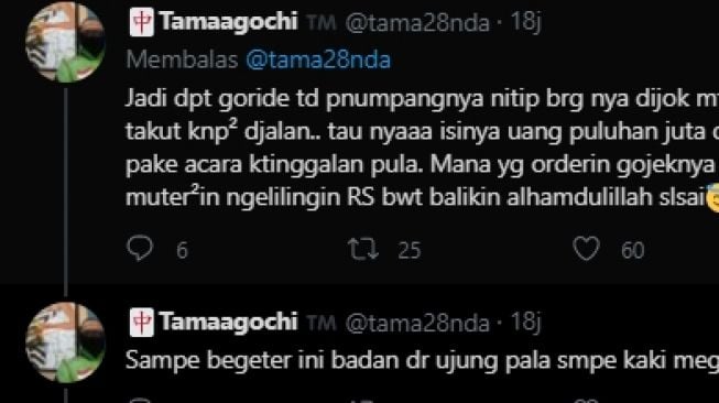 Driver ojol kembalikan barang milik penumpang. (Twitter/@tama28nda)