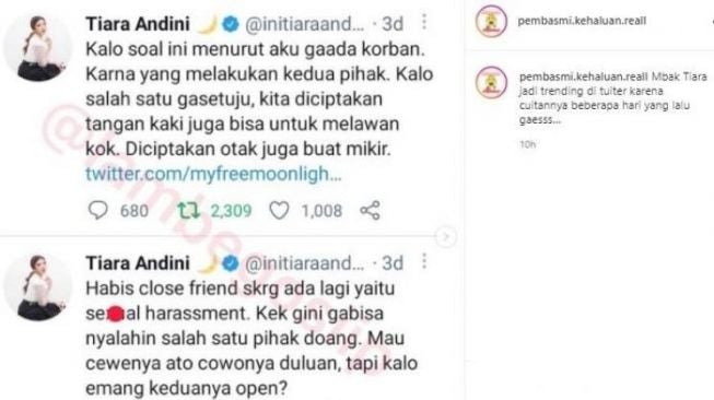 kicauan Tiara Andini tentang Pelecehan seksual. [Foto: tangkapan layar]