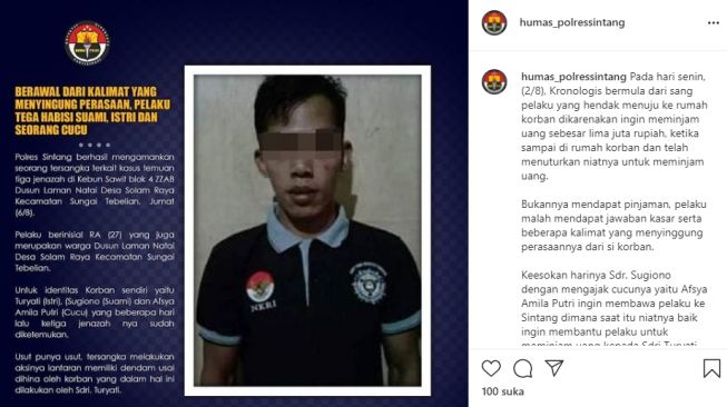 RA, terduga pembunuh satu keluarga di Sintang. (Instagram/@humaspolressintang)