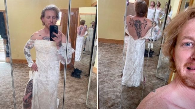 Morgan pakai gaun pengantin mantan saat menawarkannya online. (TikTok/@@tacobellchipotle)