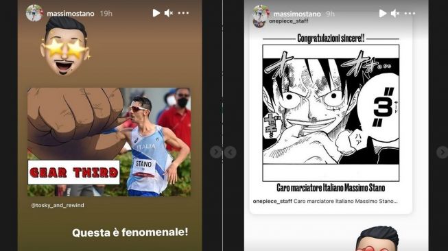 Potongan IG stories di akun Instagram atlet Massimo Stano terkait pose Gear Third ala Monkey D Luffy tokoh One Piece saat meraih medali emas jalan cepat Olimpiade Tokyo. [Instagram/capture]