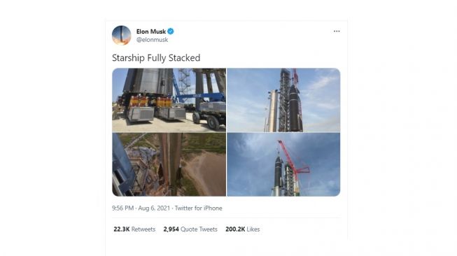 Cuitan Elon Musk terkait roket Starship yang diklaim tertinggi di dunia. [Twitter]