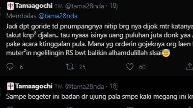 Tangkapan layar cuitan Twitter ojol temukan barang penumpang yang tertinggal. [Twitter]
