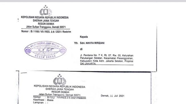 Surat pemanggilan terhadap Nikita Mirzani oleh pihak kepolisian [Istimewa]