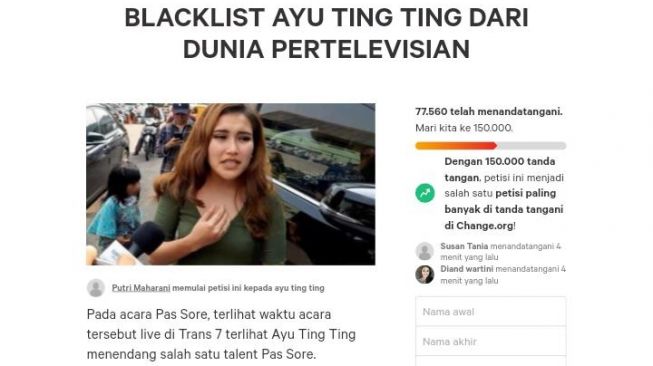 Petisi Blacklist Ayu Ting Ting tembus 77 ribu. [Tangkapan layar]